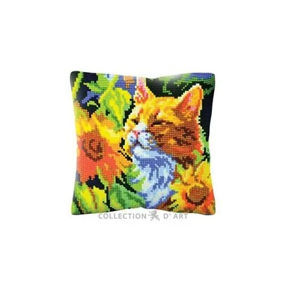 Kreuzstichkissen Katze in Sonnenblumen 5502